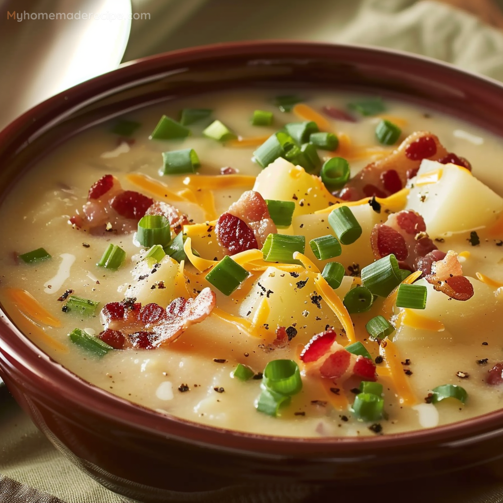 A bowl of creamy CrockPot Potato Soup garnished with bacon and green onions.