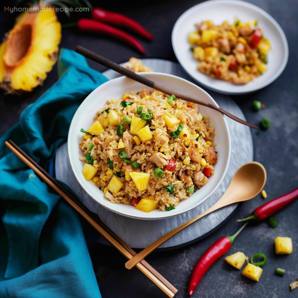 Pineapple Chicken and Rice served on a plate