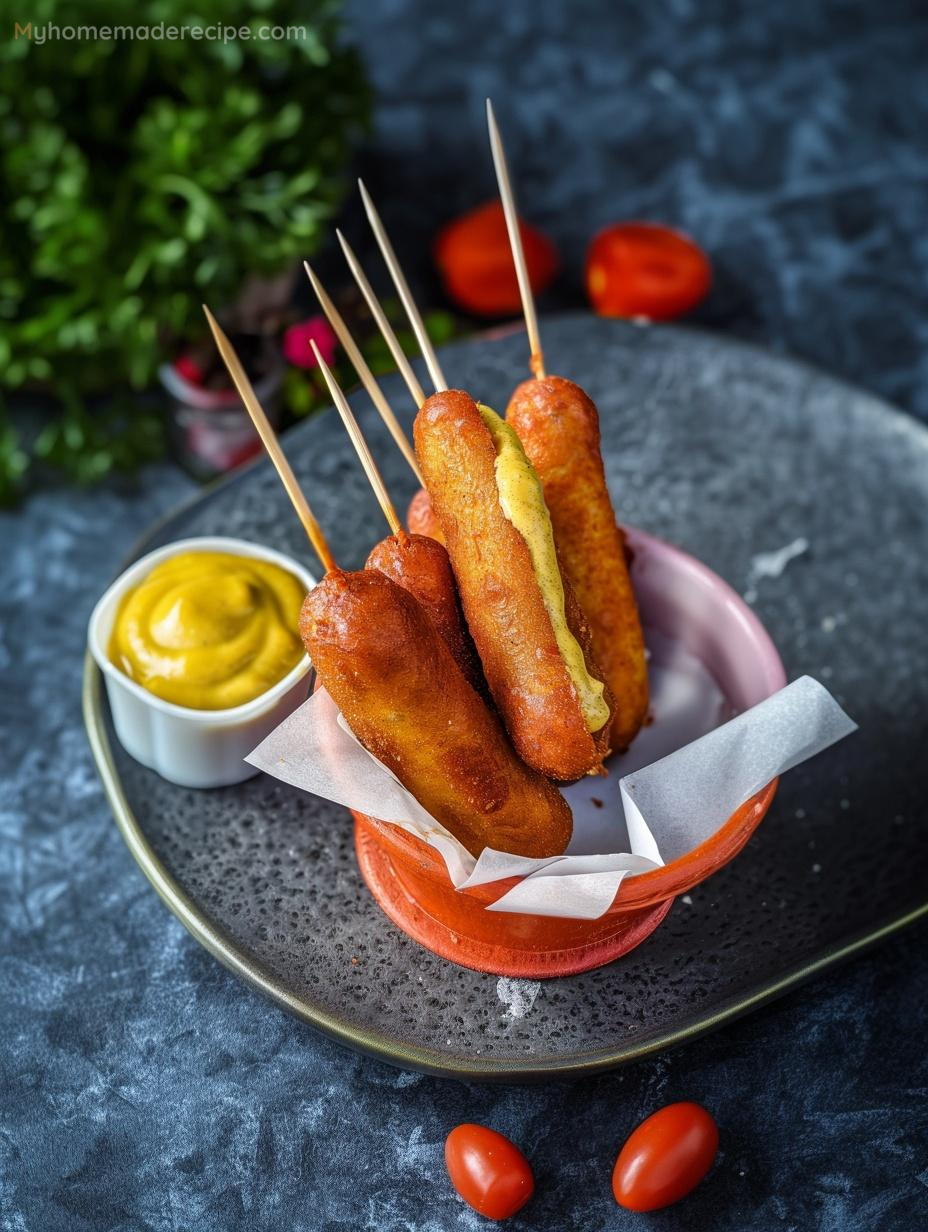 Golden homemade corn dogs with dipping sauce