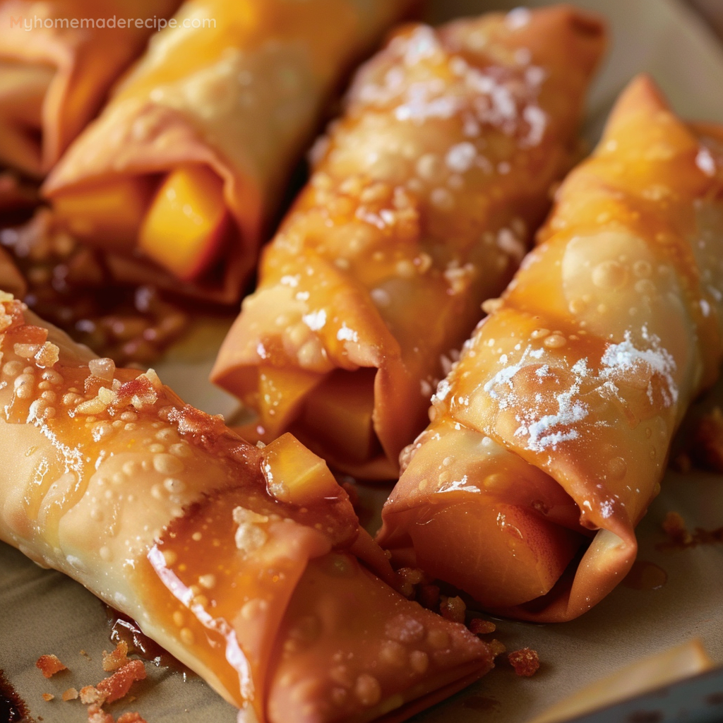 Golden Peach Cobbler Egg Rolls on a serving tray