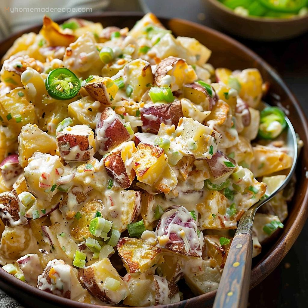 Jalapeño Popper Roasted Potato Salad served in a bowl with bacon and jalapeños on top