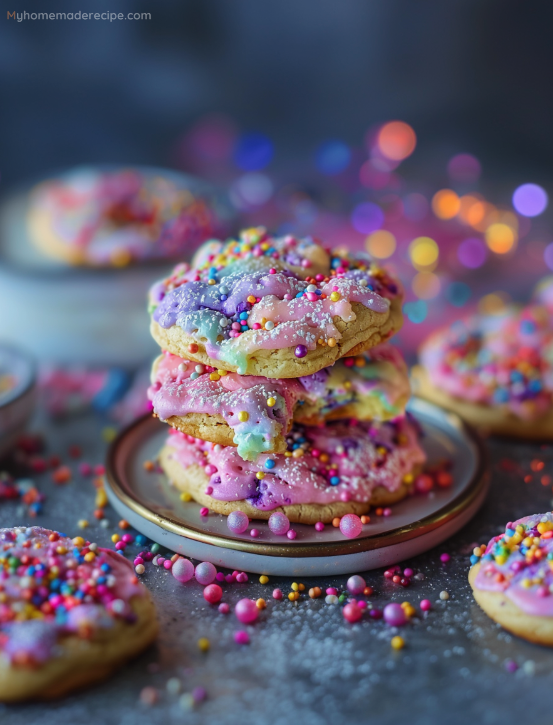 Bright and colorful unicorn poop cookies decorated with rainbow sprinkles and edible glitter