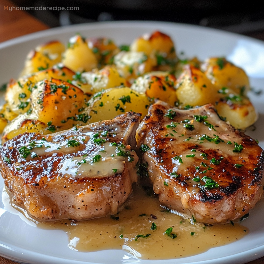 Garlic Butter Pork Chops with Cheesy Potato Bake