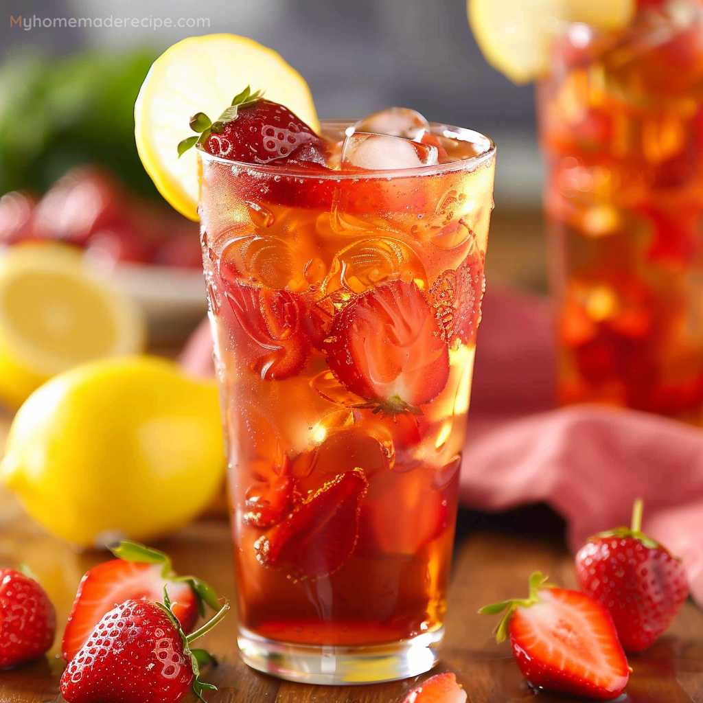 A glass of refreshing strawberry iced tea garnished with fresh strawberries and mint