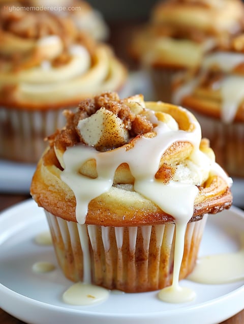 Delicious Apple Cinnamon Roll Cupcakes drizzled with glaze.