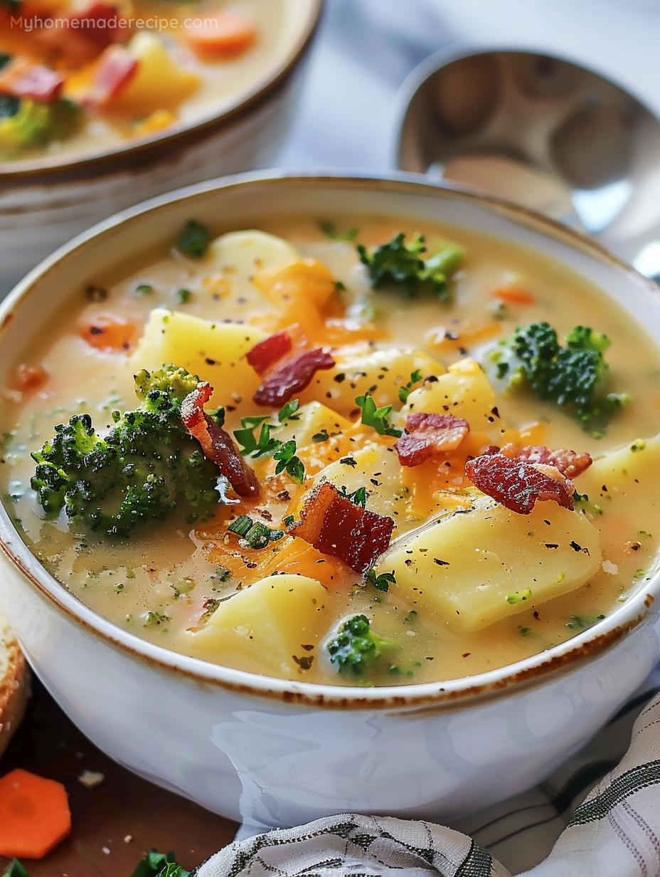 Bowl of Loaded Broccoli Potato Soup topped with bacon pieces