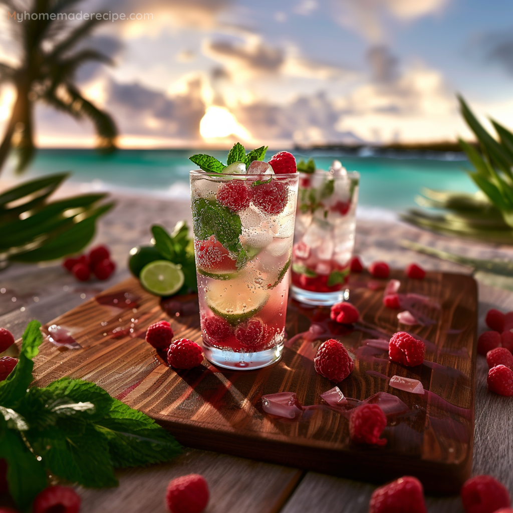 Tito's Raspberry Coconut Mojito garnished with fresh raspberries and mint sprigs