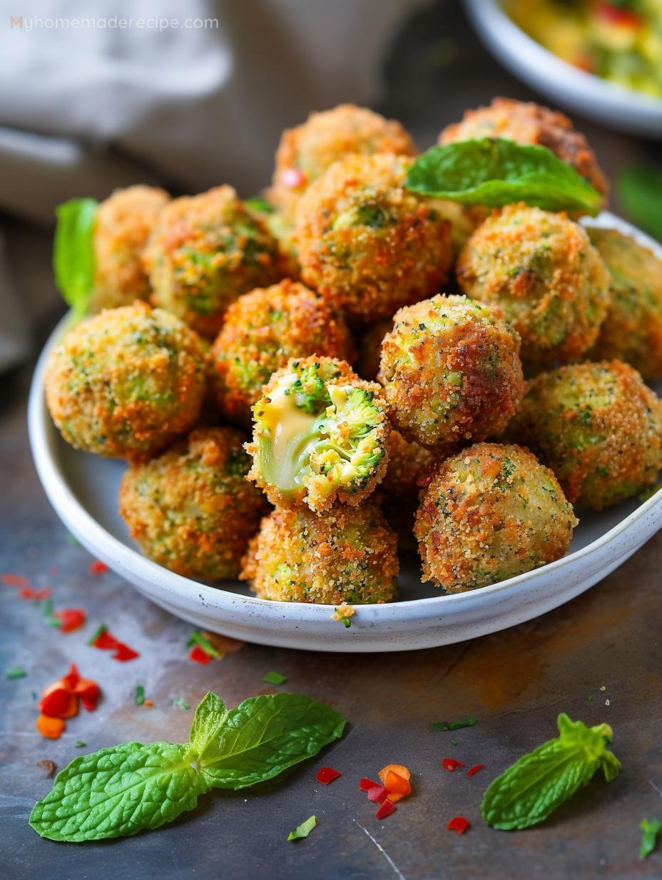 Crispy Broccoli Cheese Balls served on a plate with a dipping sauce