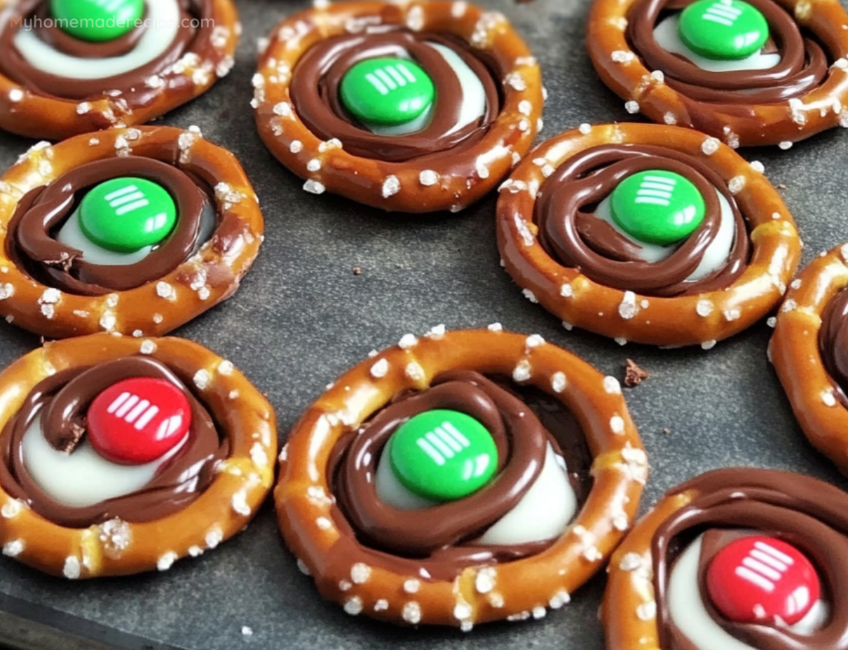 Chocolate Pretzel Rings with Kisses and M&Ms