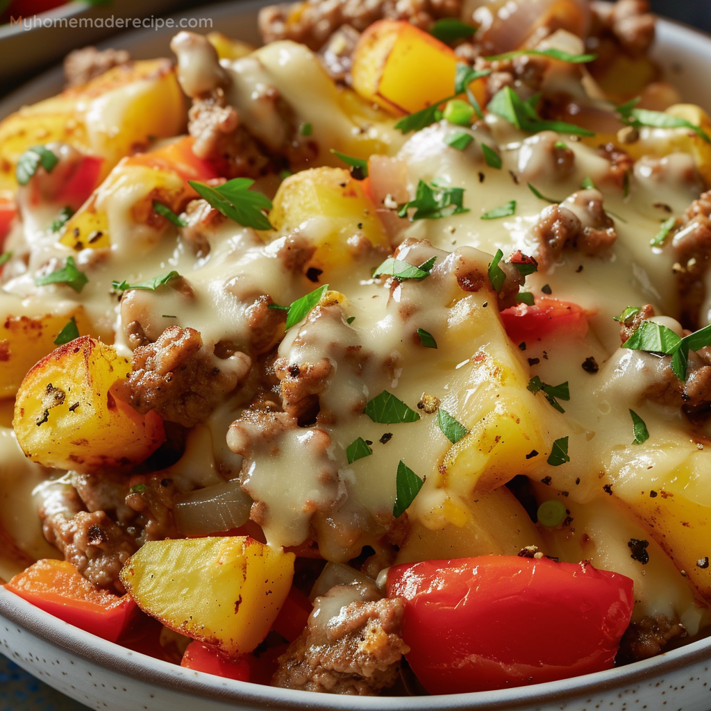 Slow Cooker Cheesesteak Potato Casserole in a crockpot