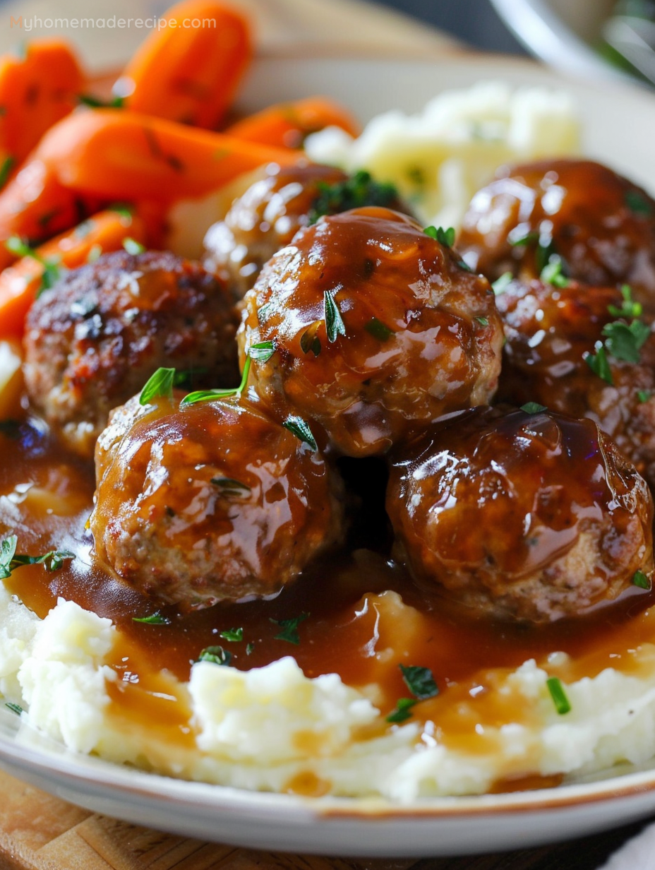 Salisbury Meatballs with Mashed Potatoes and Garlic Thyme Glazed Carrots