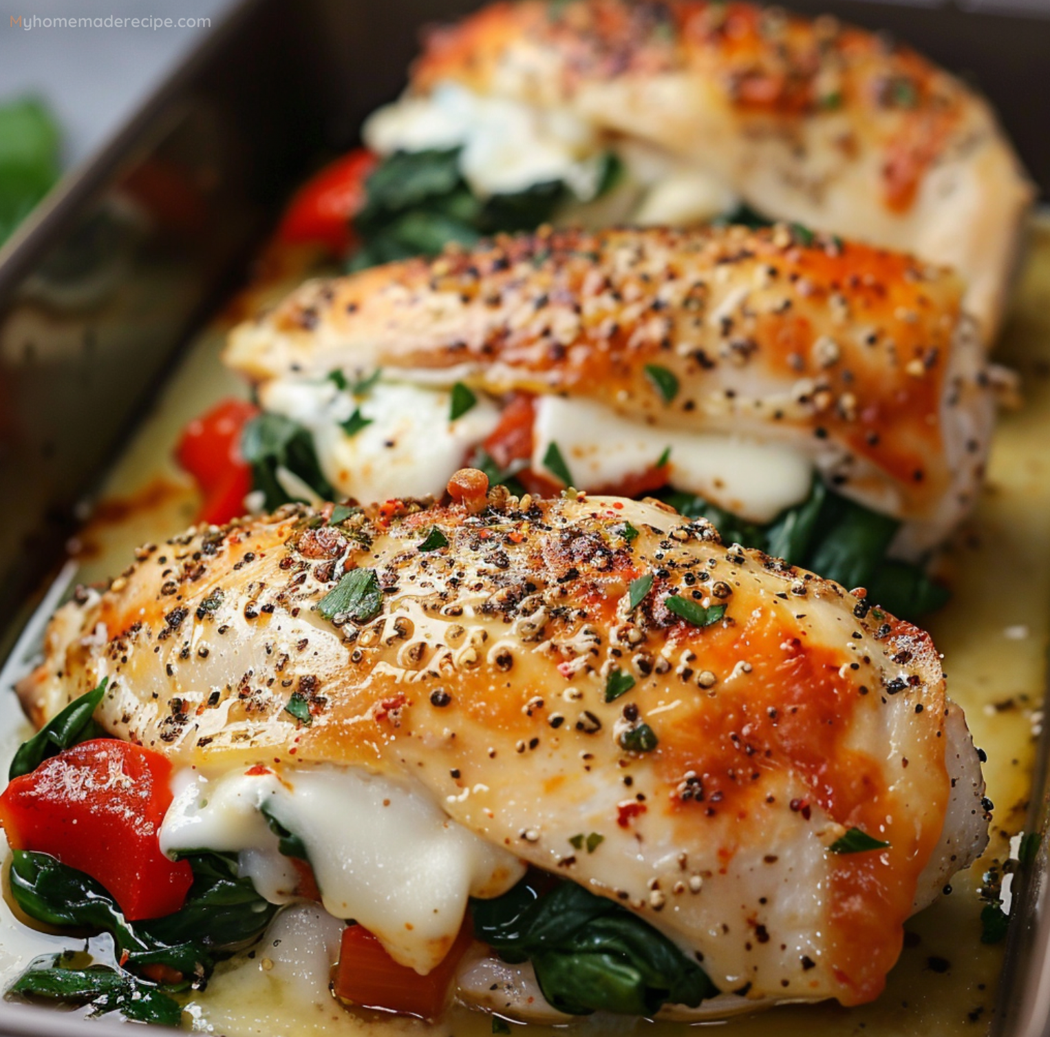 Roasted Red Pepper, Spinach, and Mozzarella Stuffed Chicken served on a plate