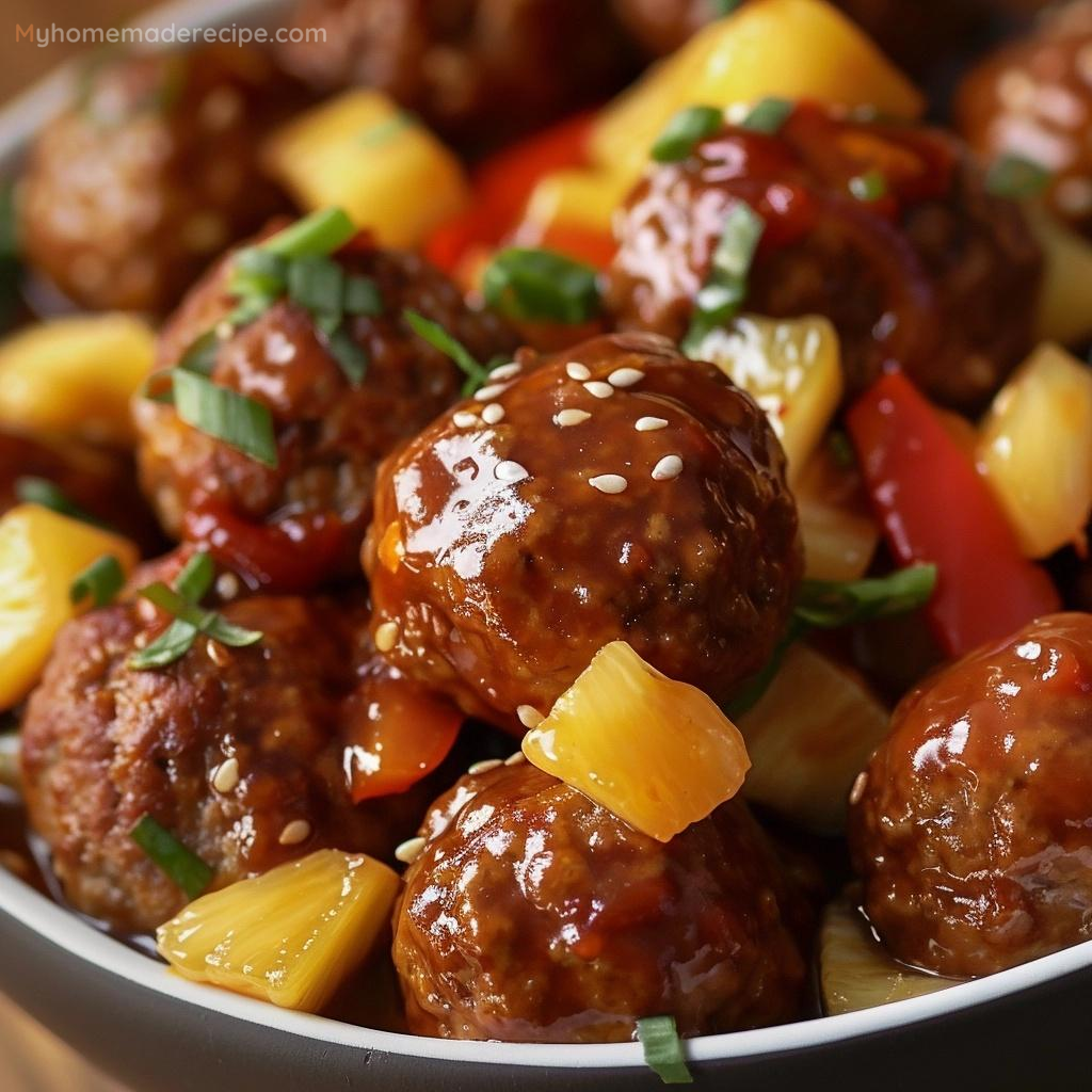 Sweet and Sour Meatballs with Pineapple in a bowl