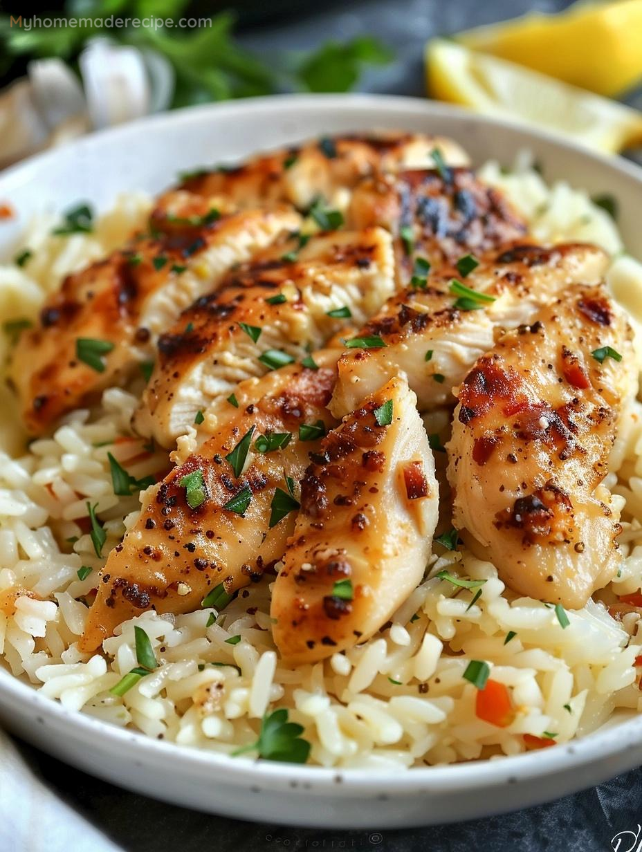 A plate of Chicken Scampi with Garlic Parmesan Rice garnished with fresh parsley