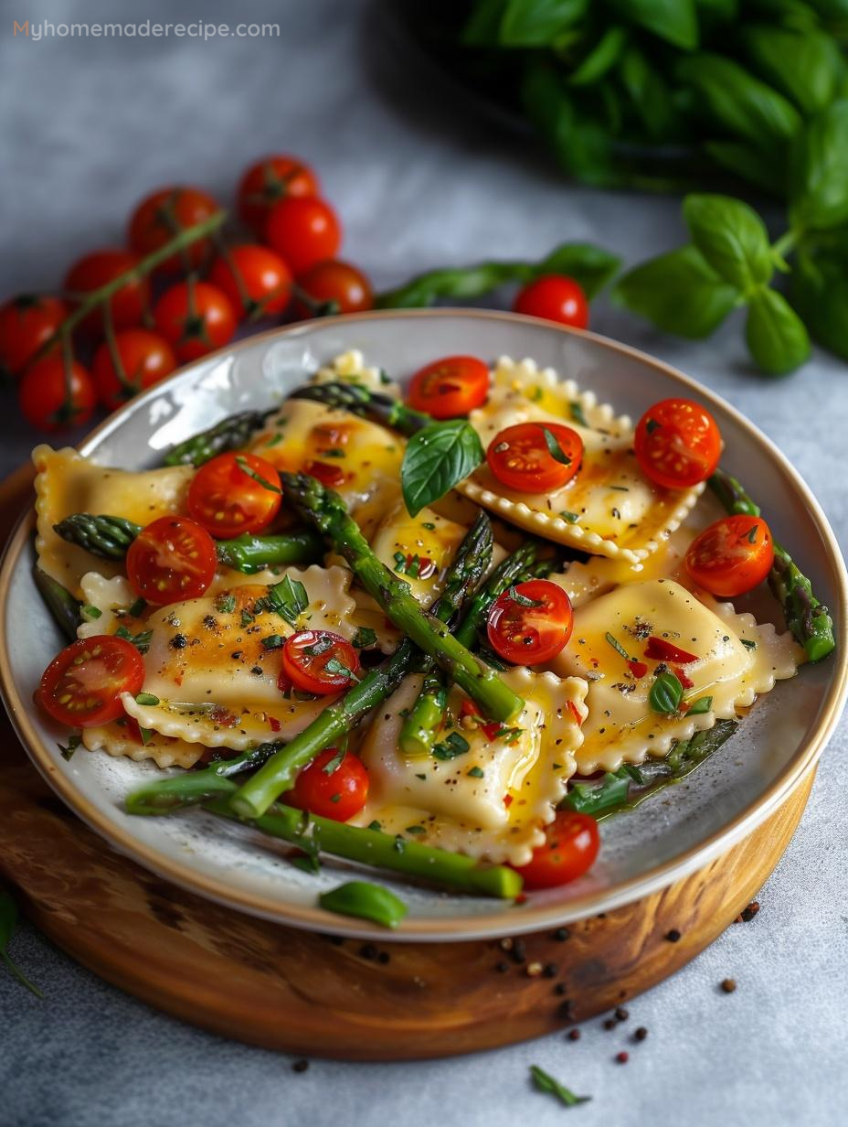 Ravioli with tomatoes, asparagus, garlic, and herbs