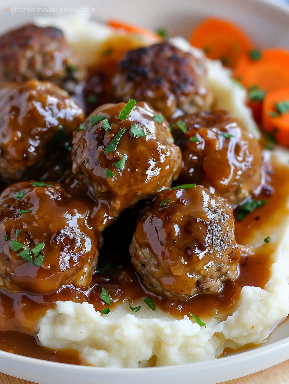 Salisbury Meatballs with Mashed Potatoes and Garlic Thyme Glazed Carrots