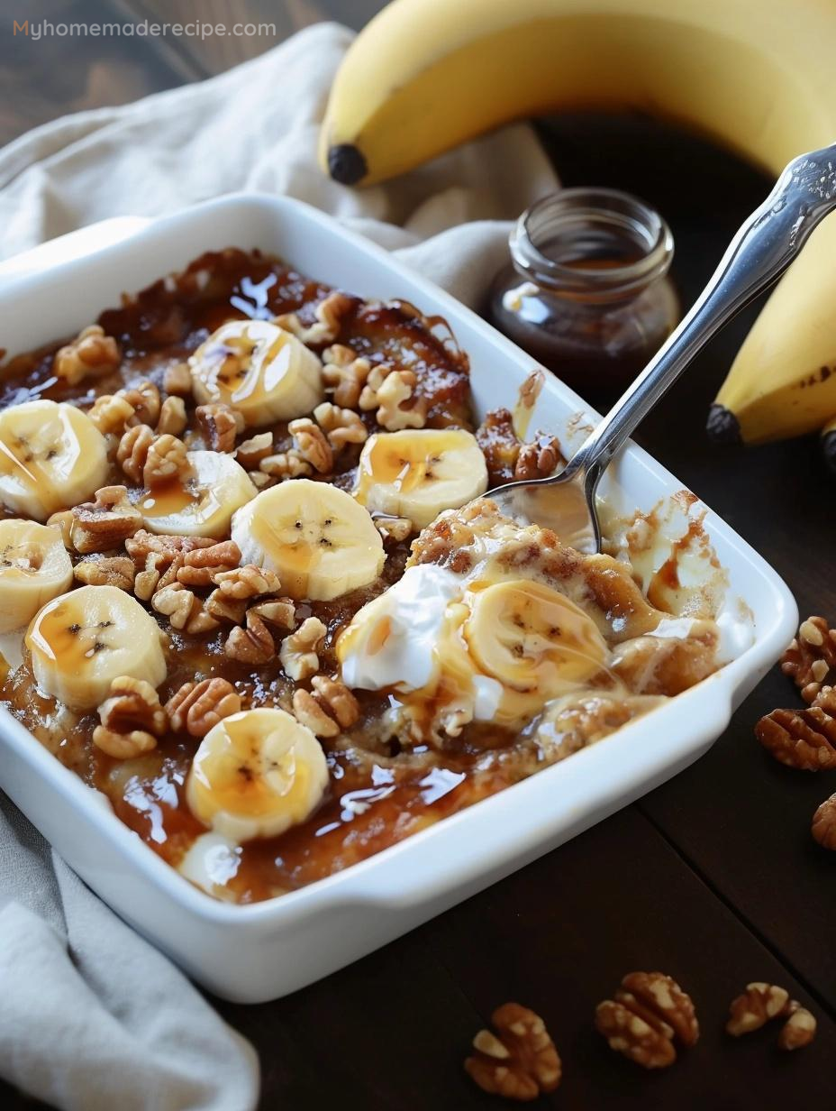 A slice of Delightful Bananas Foster Cobbler topped with a scoop of vanilla ice cream