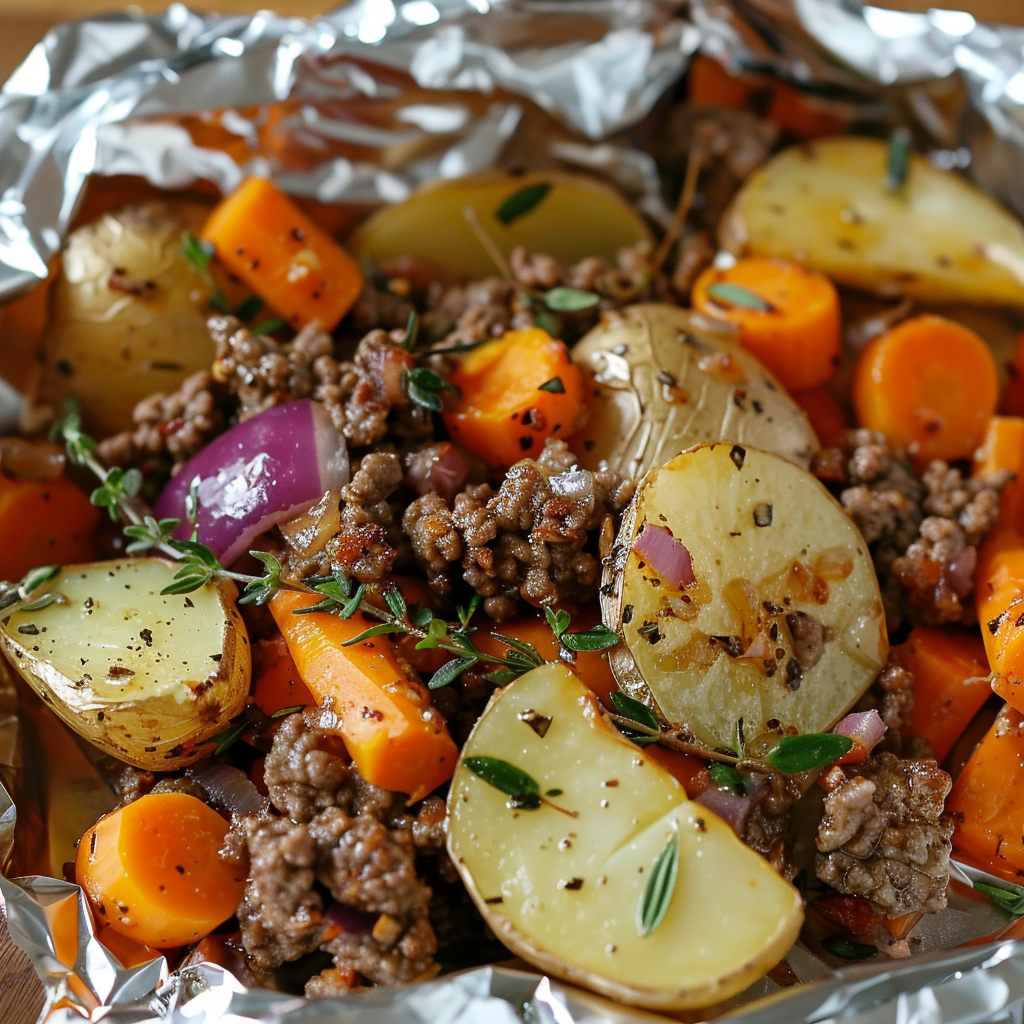 Foil Packet Ground Beef and Vegetables