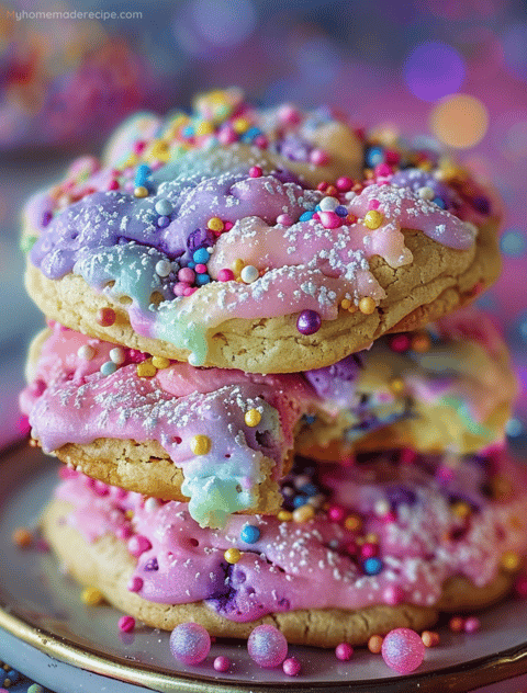 Bright and colorful unicorn poop cookies decorated with rainbow sprinkles and edible glitter