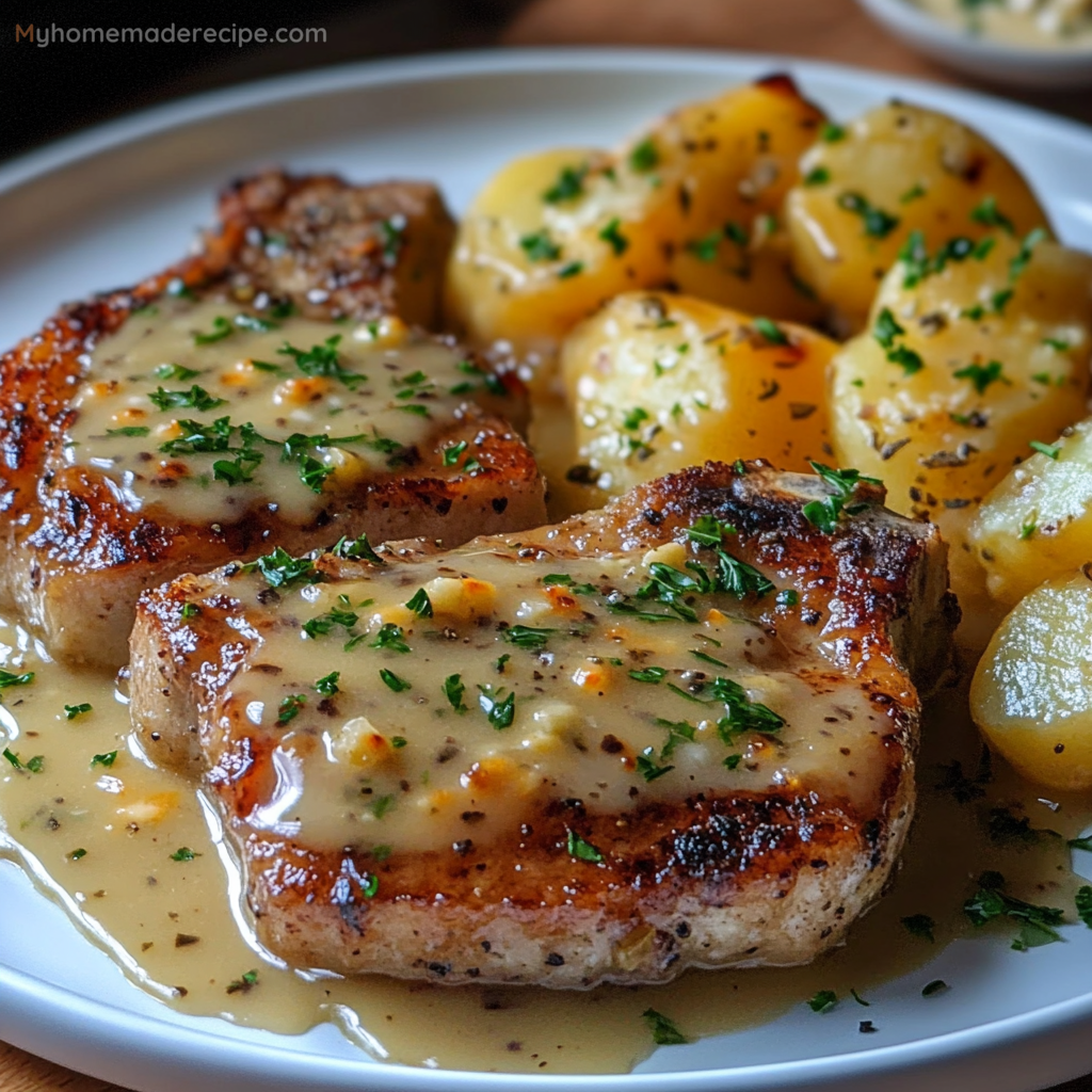 Garlic Butter Pork Chops with Cheesy Potato Bake