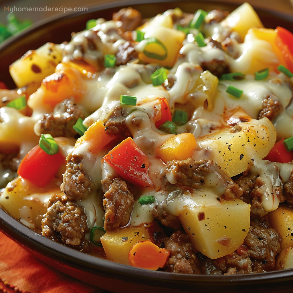 Slow Cooker Cheesesteak Potato Casserole in a crockpot