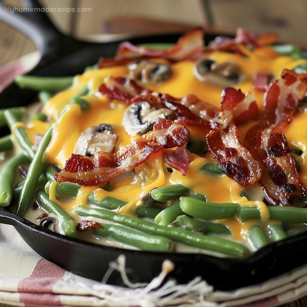 Cheesy Green Bean Casserole in a skillet