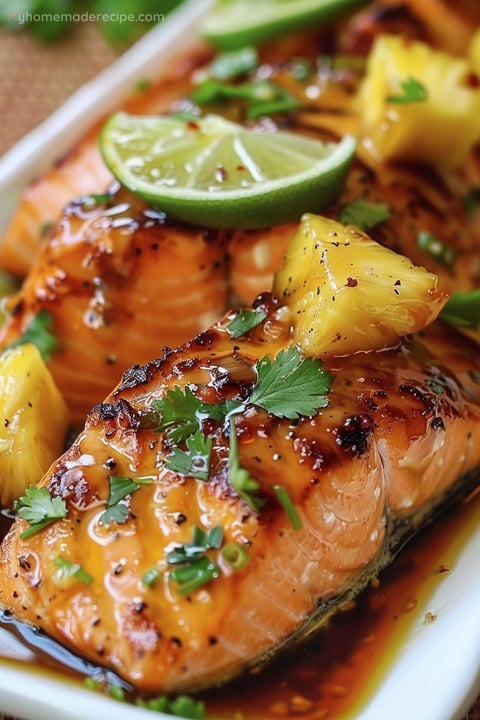 Honey Pineapple Salmon on a plate, garnished with fresh cilantro and pineapple slices