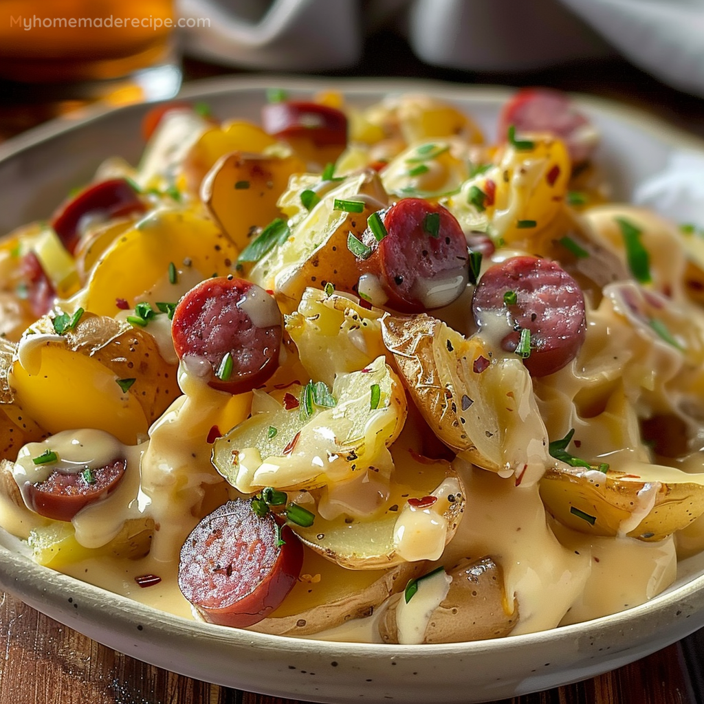 Cheesy Ranch Potatoes and Smoked Sausage in a baking dish