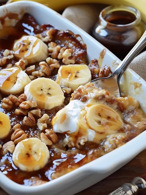 A slice of Delightful Bananas Foster Cobbler topped with a scoop of vanilla ice cream