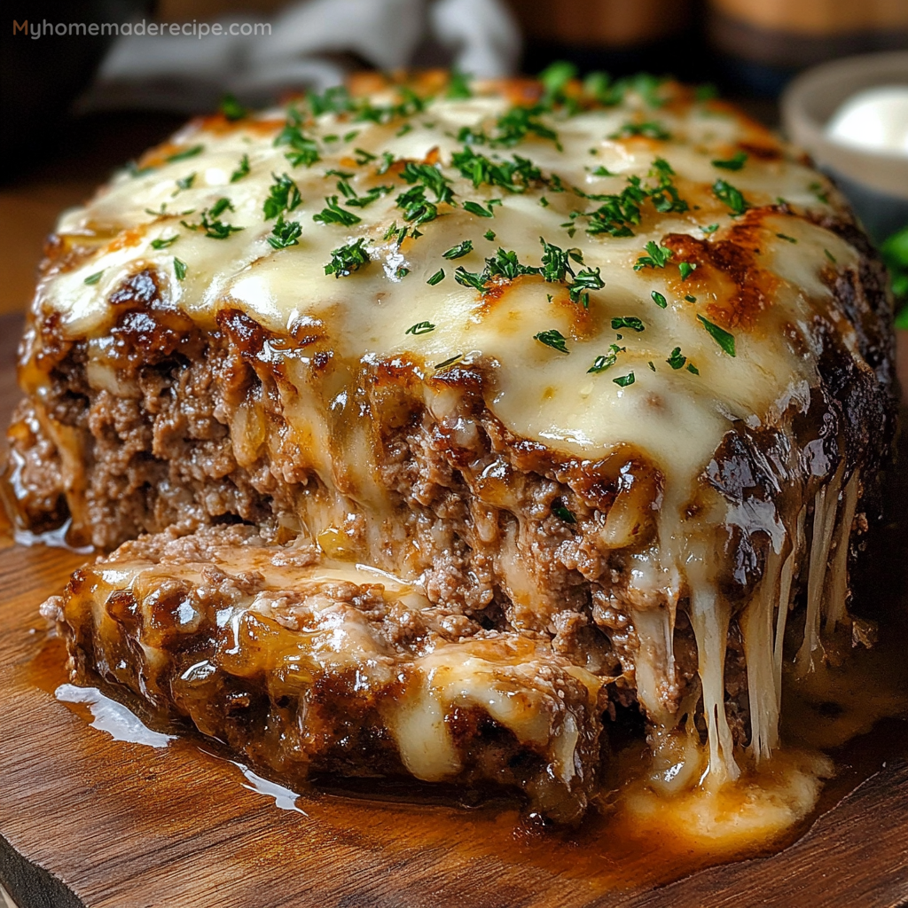 Crockpot French Onion Beefloaf With Melted Swiss Cheese