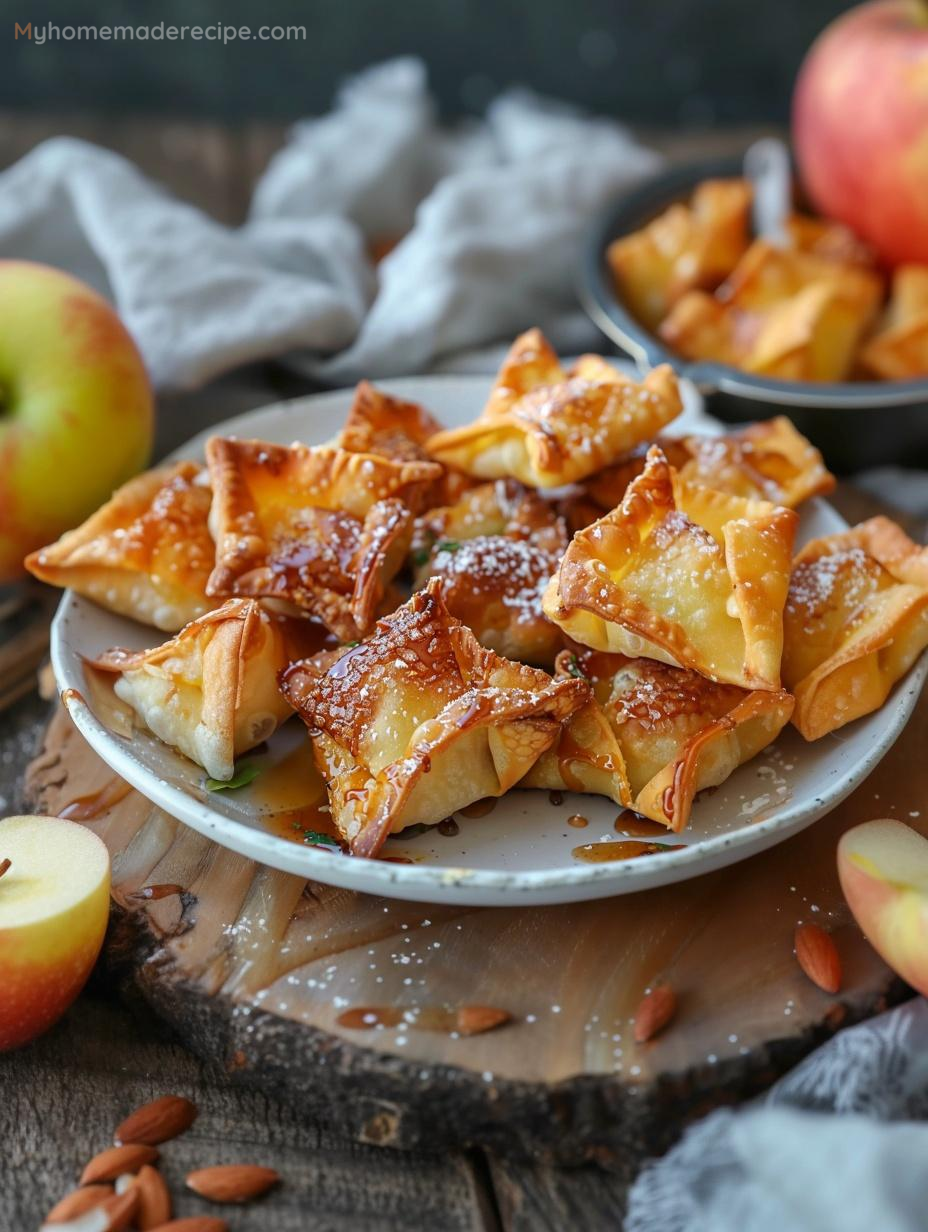 Air Fryer Caramel Apple Wontons dusted with powdered sugar