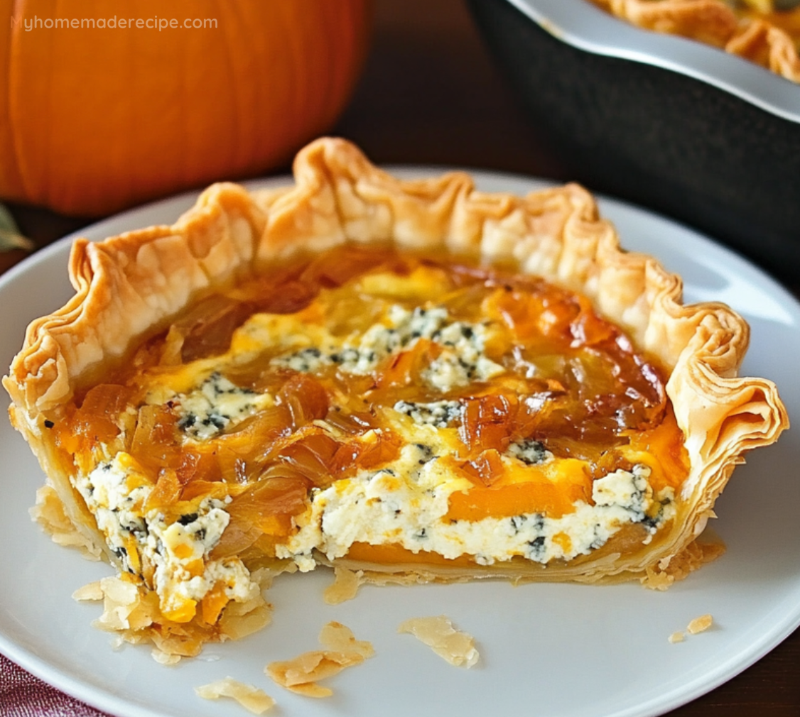 Roasted Pumpkin Quiche with Caramelized Onions, Gorgonzola, and Sage