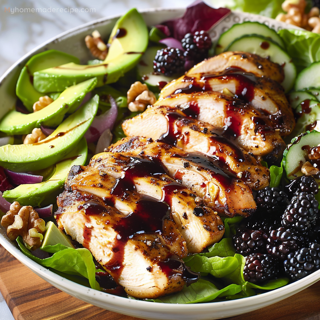 A vibrant Blackberry Balsamic Grilled Chicken Salad with fried goat cheese and a homemade vinaigrette