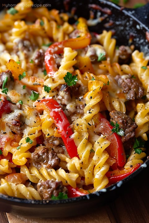 Philly Cheesesteak Pasta Skillet with melted cheese on top