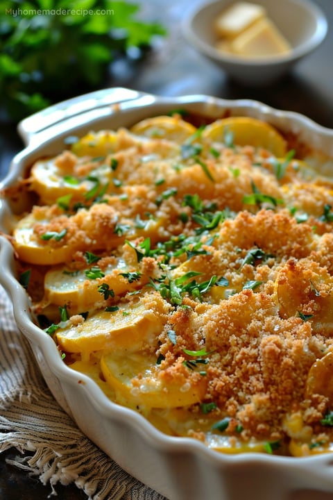 Cheesy Summer Squash Casserole with golden brown top