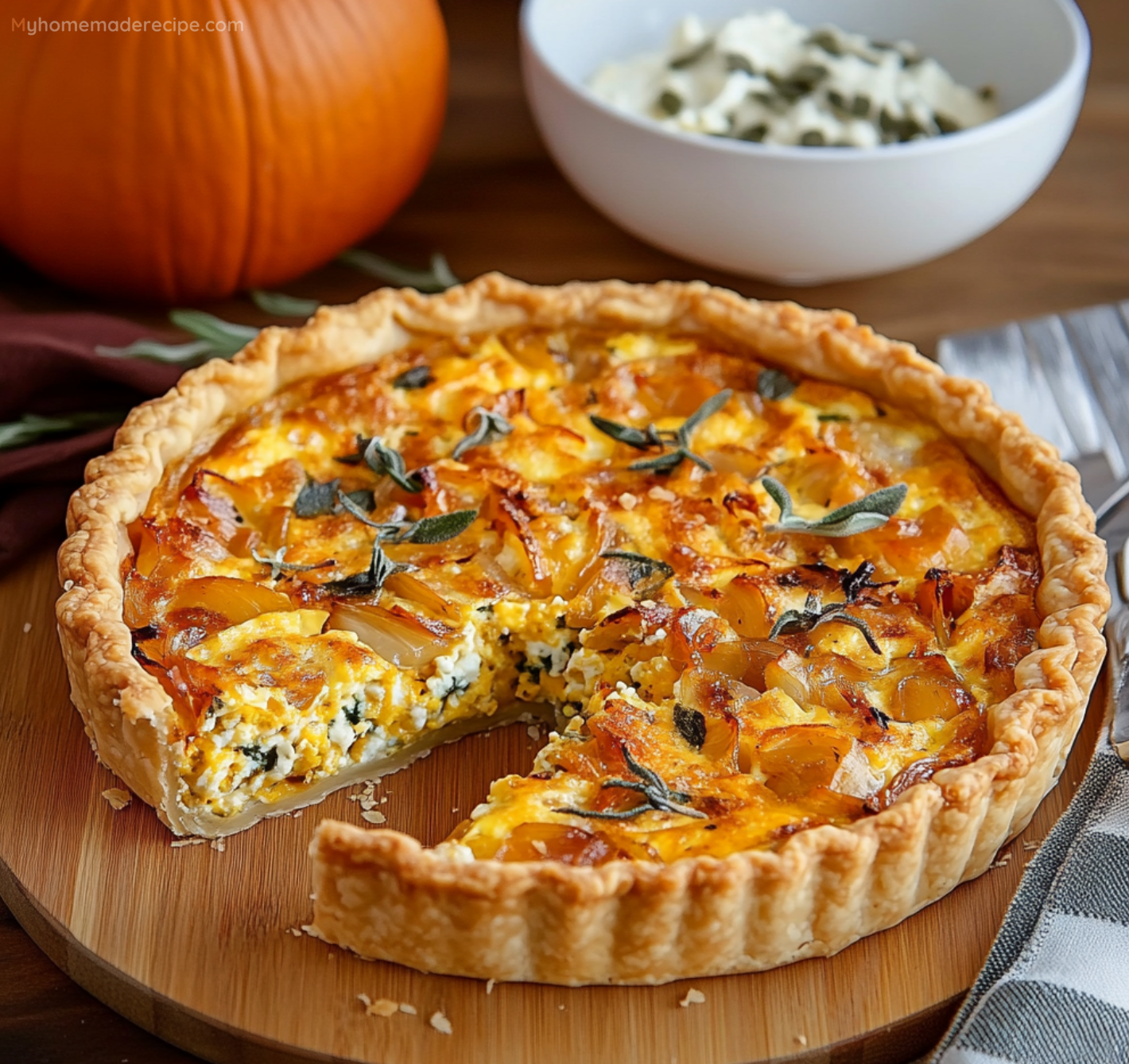 Roasted Pumpkin Quiche with Caramelized Onions, Gorgonzola, and Sage