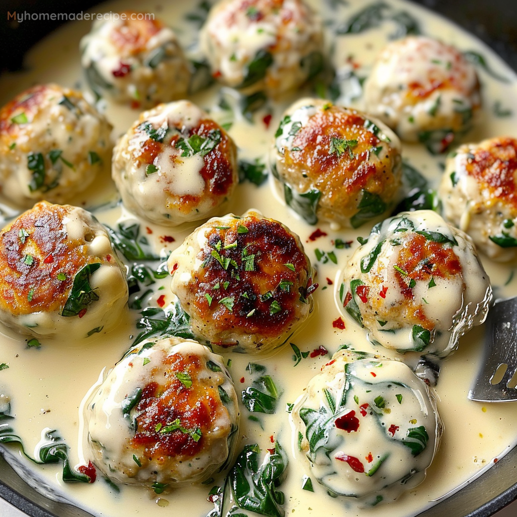 Chicken Ricotta Meatballs in Spinach Alfredo Sauce