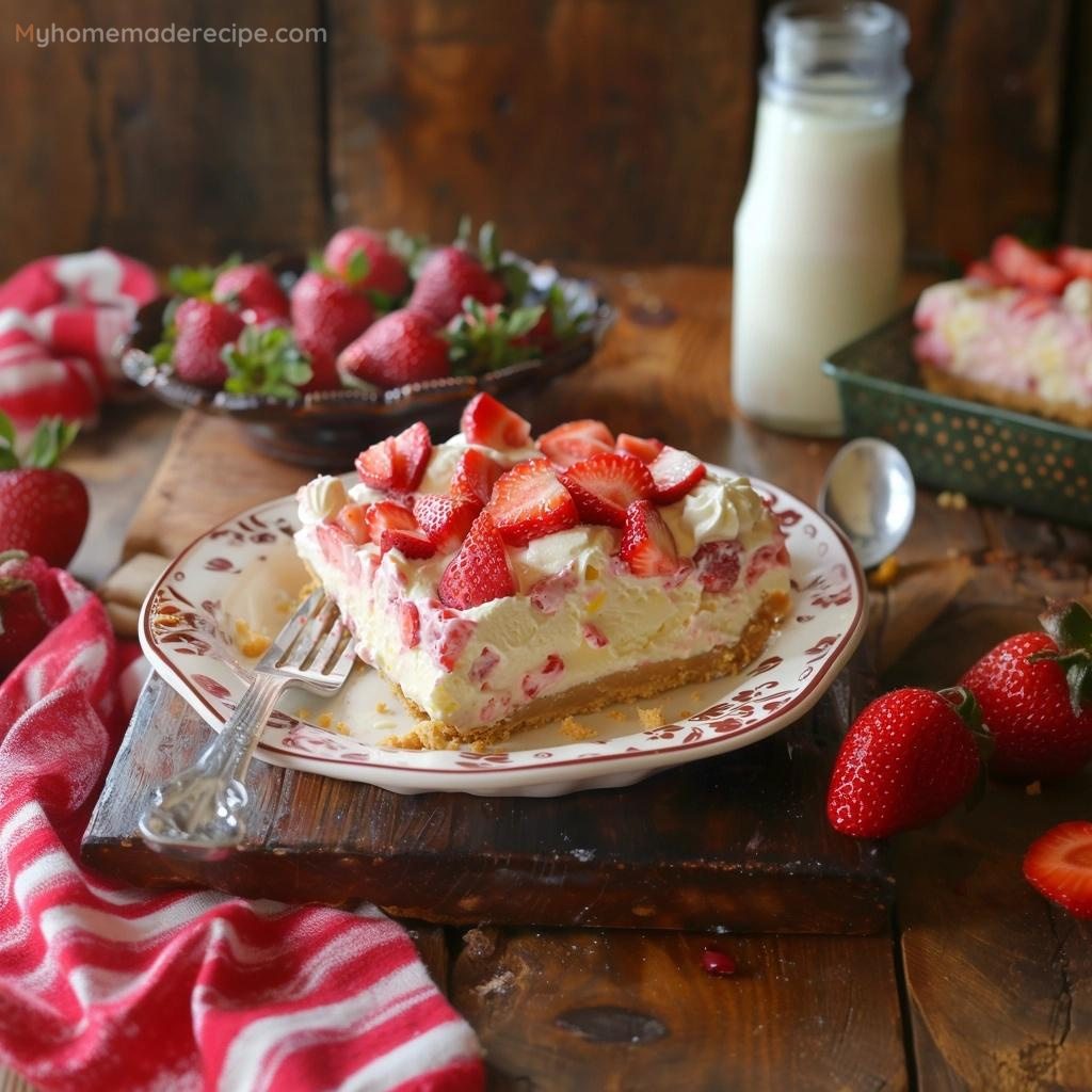 Strawberry Cheesecake Lush served in a baking dish with fresh strawberries on top