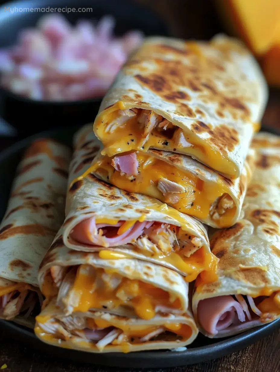 Golden brown air fryer hot chicken ham and cheese wraps served with dipping sauce
