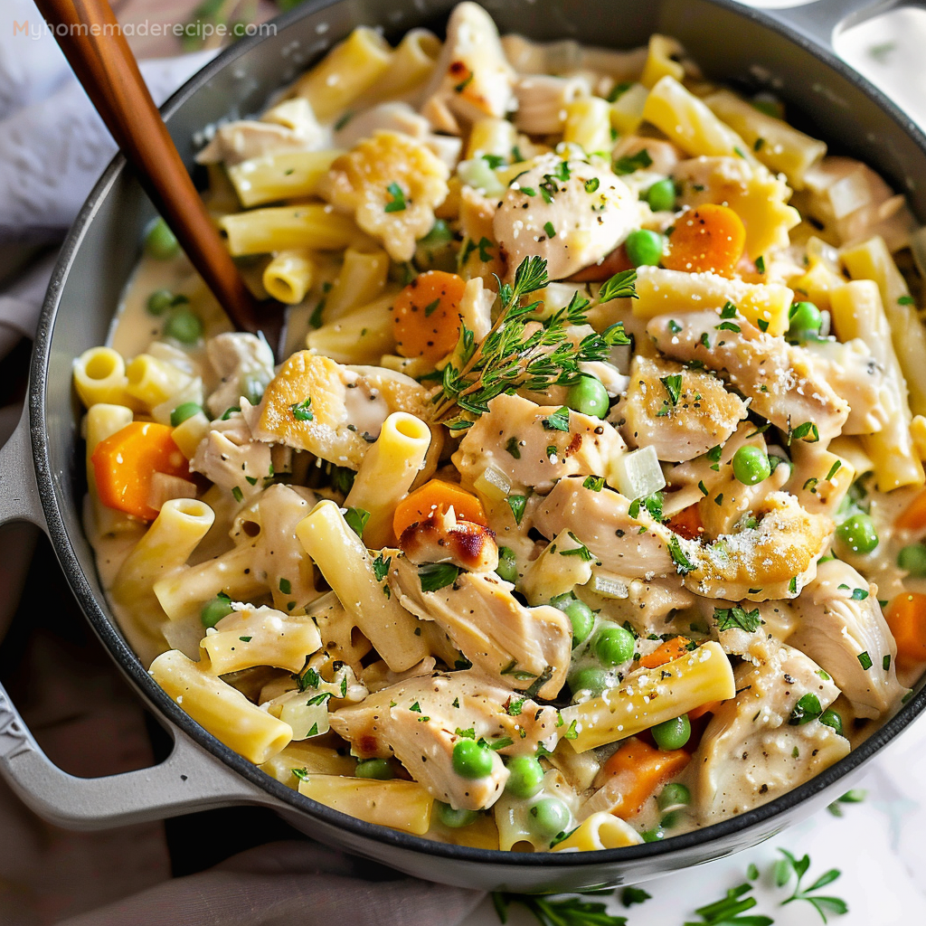 A serving of Chicken Pot Pie Pasta with golden puff pastry on top