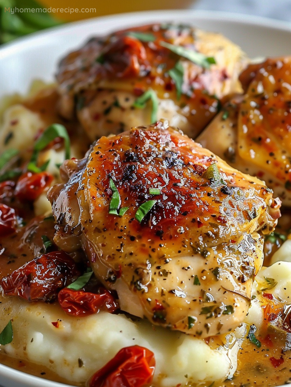 Plate of Marry Me Chicken with mashed potatoes