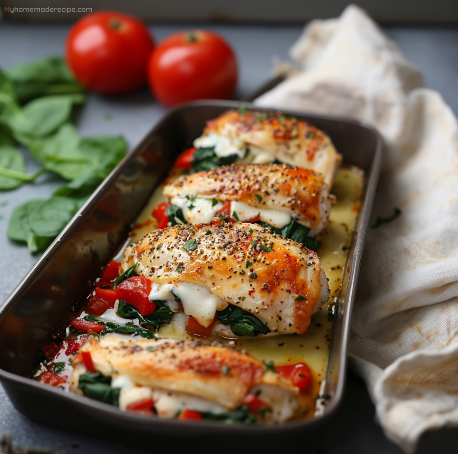 Roasted Red Pepper, Spinach, and Mozzarella Stuffed Chicken served on a plate