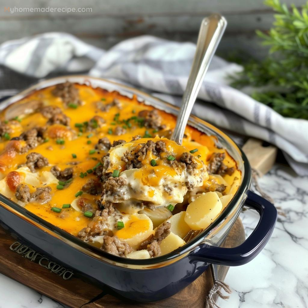 Ground Beef Casserole with Potatoes served in a baking dish with melted cheese on top