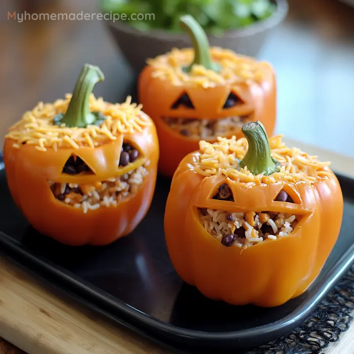 Halloween Shredded Chicken & Rice Stuffed Peppers