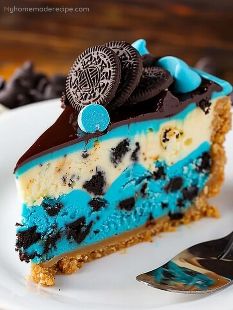 Cookie Monster Cheesecake with a chocolate chip cookie blondie base and blue cookies and cream cheesecake layer topped with chocolate ganache