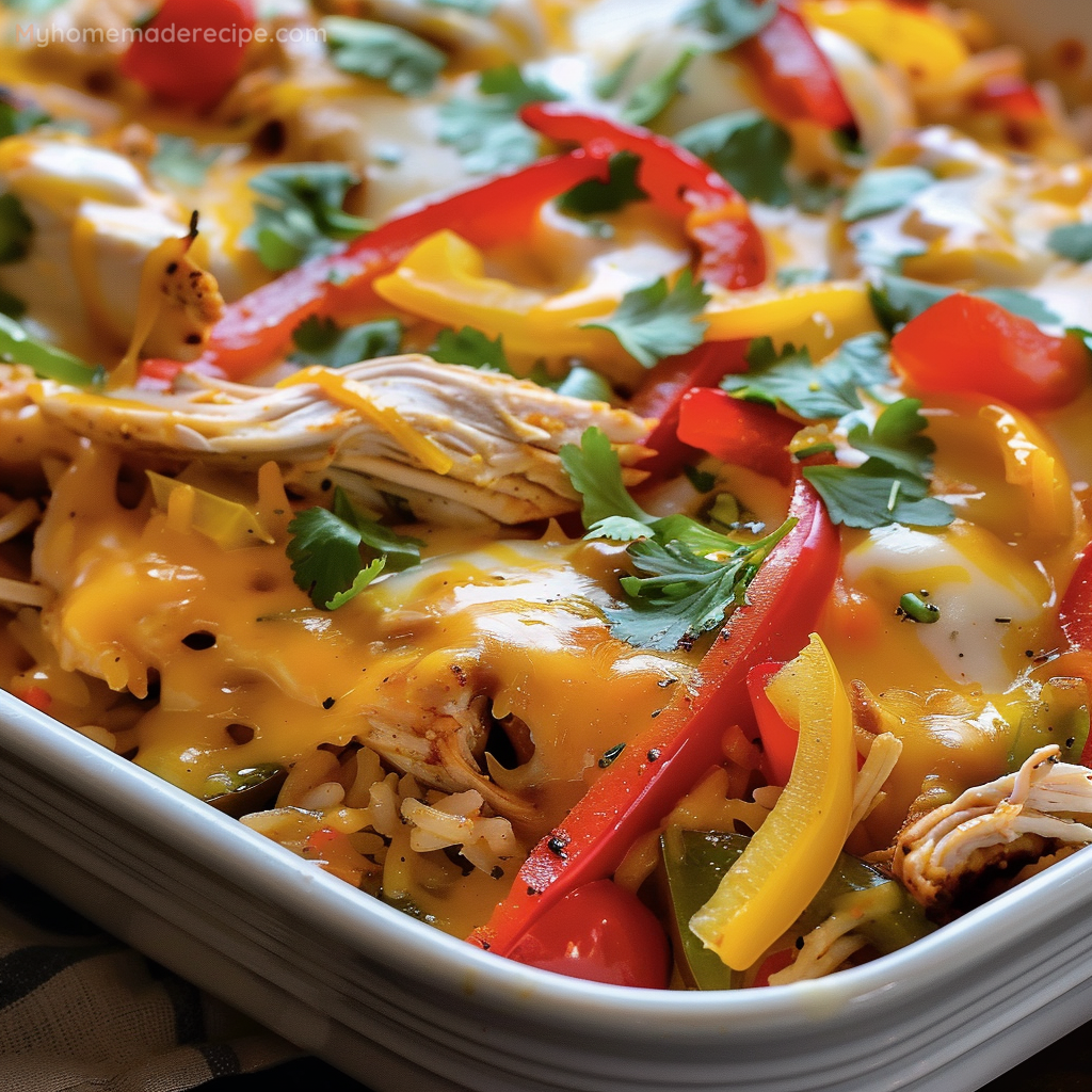 Fajita Chicken Casserole in a baking dish