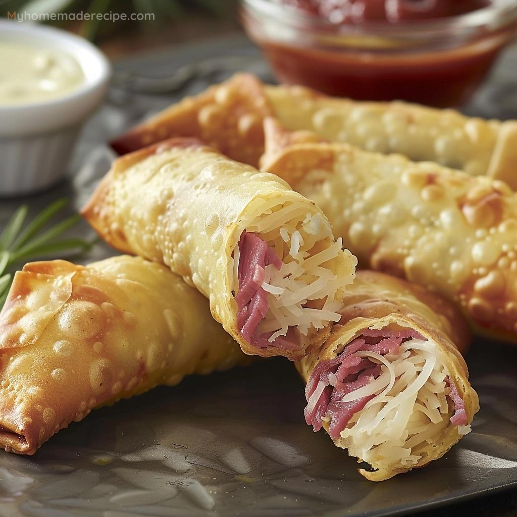 Savory Reuben Egg Rolls on a plate