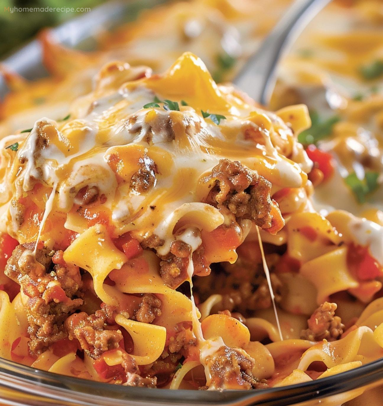 Sour Cream Noodle Bake in a baking dish