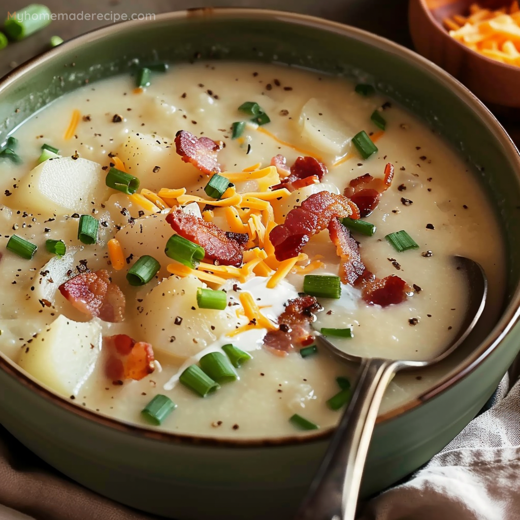 A bowl of creamy CrockPot Potato Soup garnished with bacon and green onions.