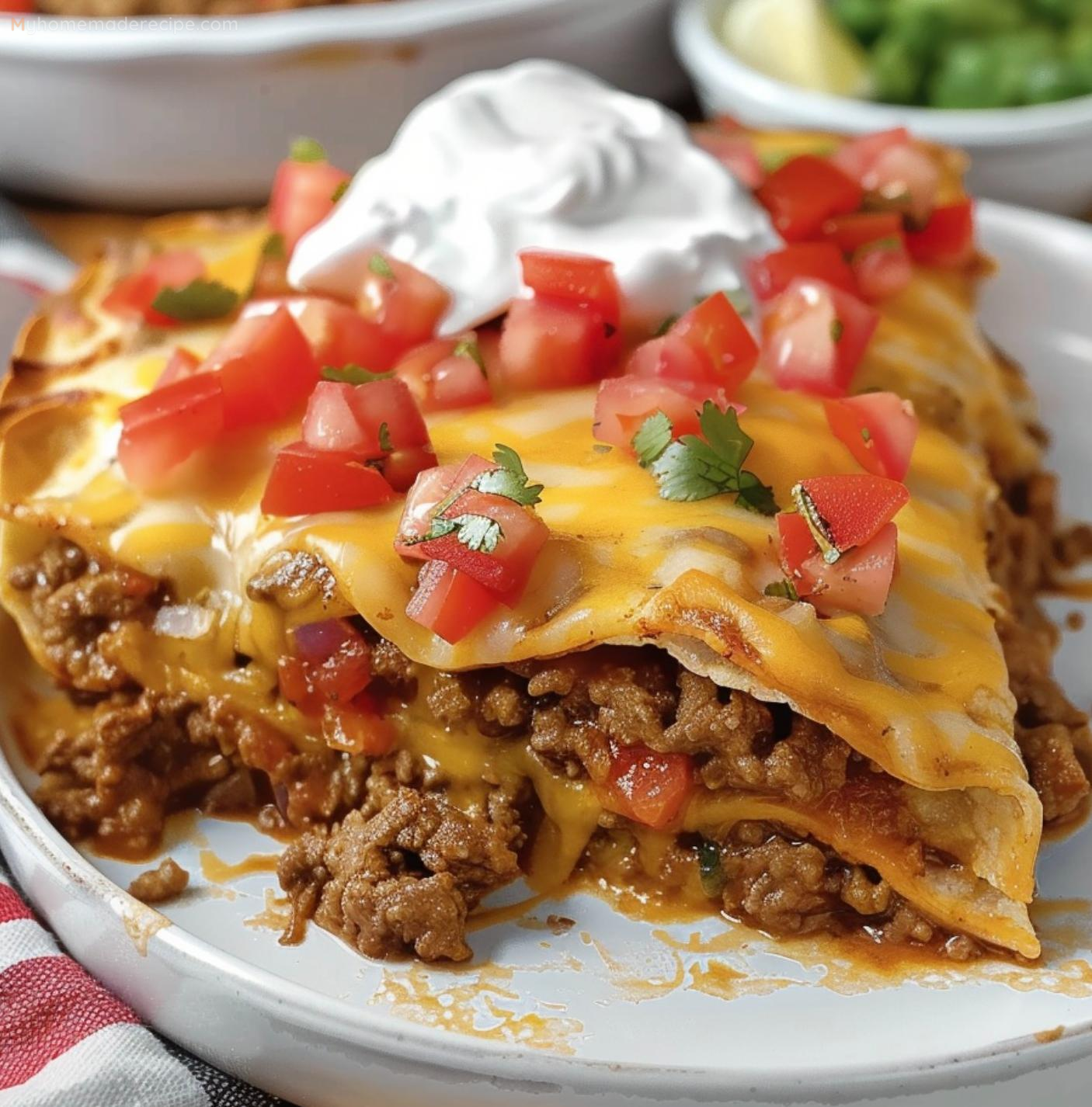 Layered Taco Bake in a baking dish